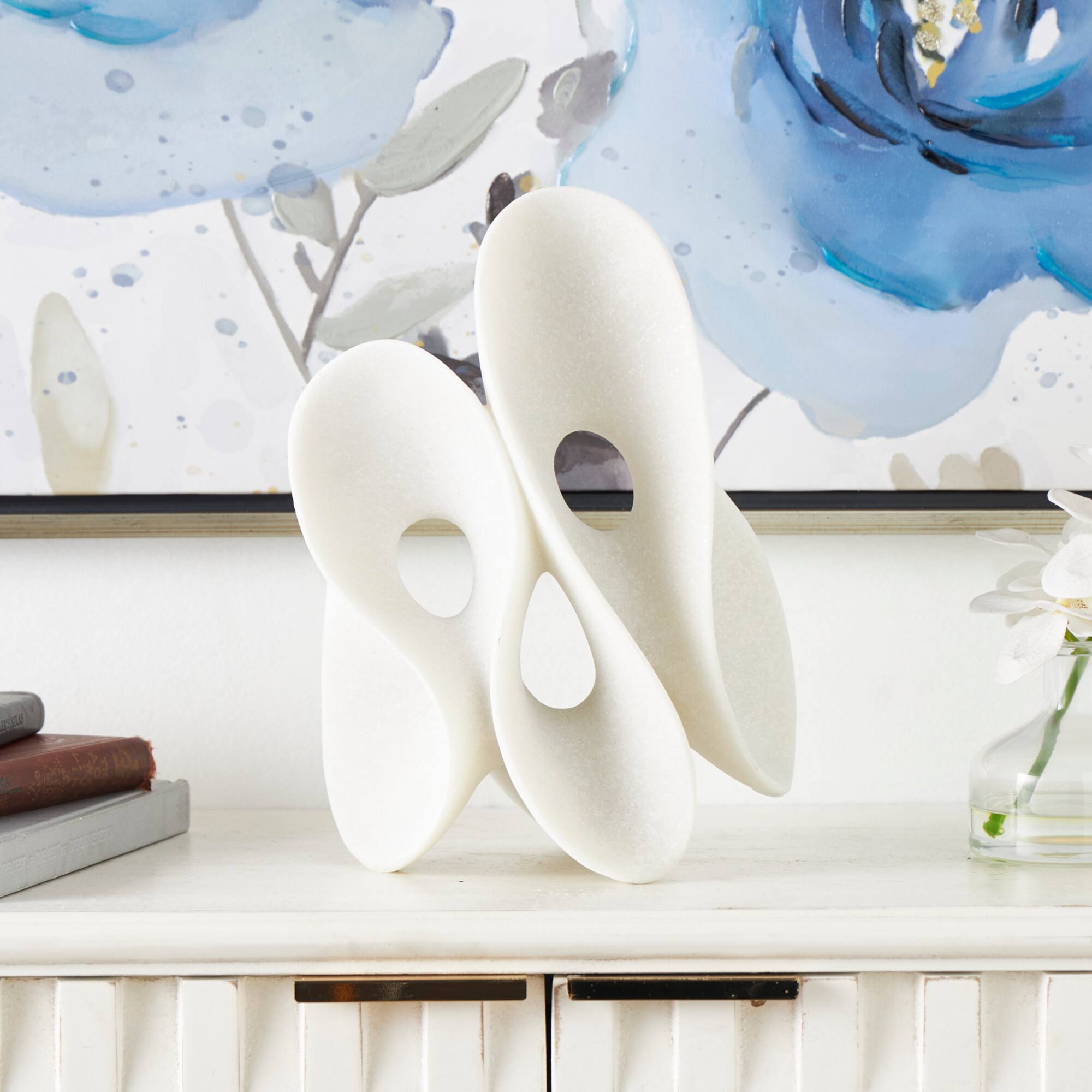 12.5" White Polystone Abstract Wavy Shaped Sculpture with Cutouts and Speckled Texturing